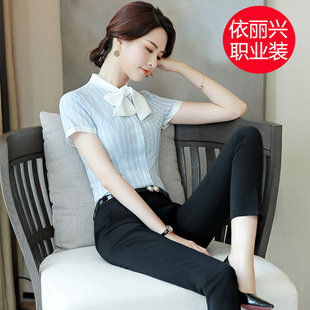 蝴蝶结条纹衬衫女夏季2024新款职业装小清新短袖上衣韩版打底衬衣