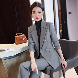 2025流行职业装微喇叭裤西装套装女秋冬修身气质灰色西服正装套裤
