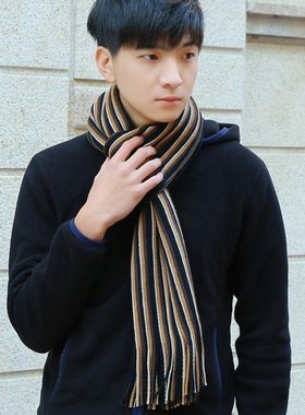 男士冬季保暖围巾 时尚百搭条纹格子男式帅气围脖学生男式长款围