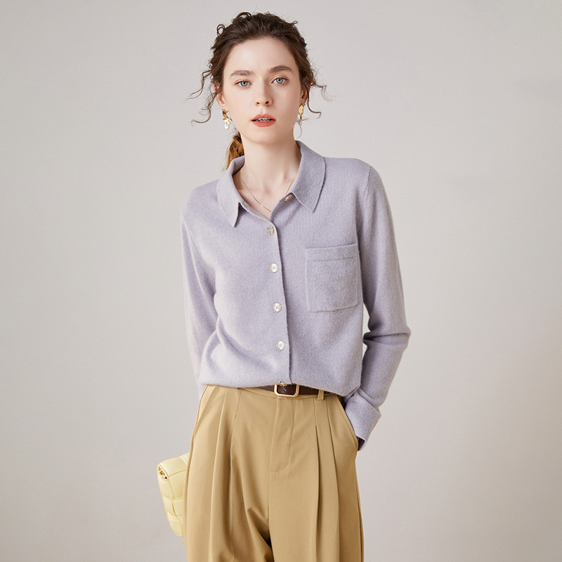 2025年秋季新款POLO领衬衣针织女士羊绒开衫时尚休闲通勤百搭