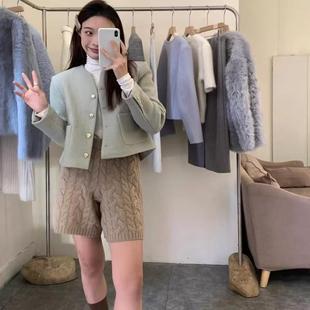 子女外穿秋冬加厚阔腿百 纯羊绒针织休闲短裤 扭花高腰短裤 女五分裤