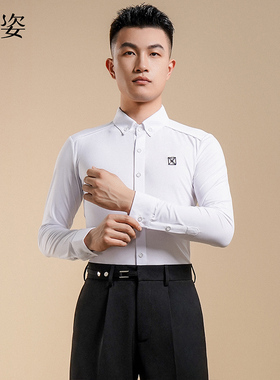 扉姿 男士摩登舞服秋冬长袖新款上衣专业国标舞比赛服衬衫F5021