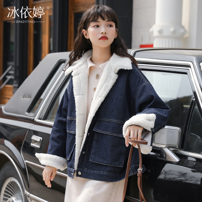 冬装加绒牛仔外套女宽松bf风韩版仿羊羔毛加厚棉衣短款学生棉服潮
