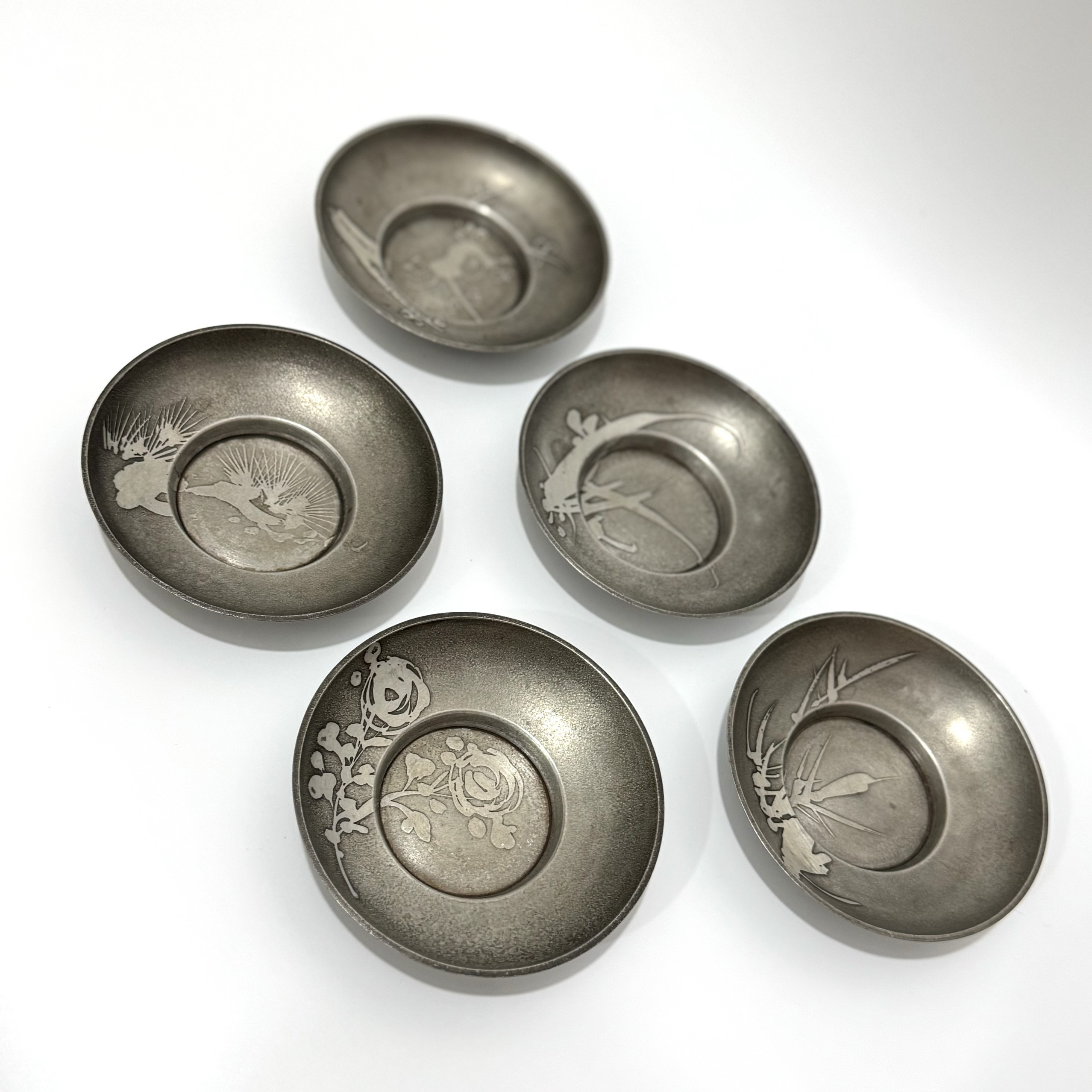 日本原产 梅兰竹菊松 纯锡茶杯托 百年品牌 乾茂号 茶道具