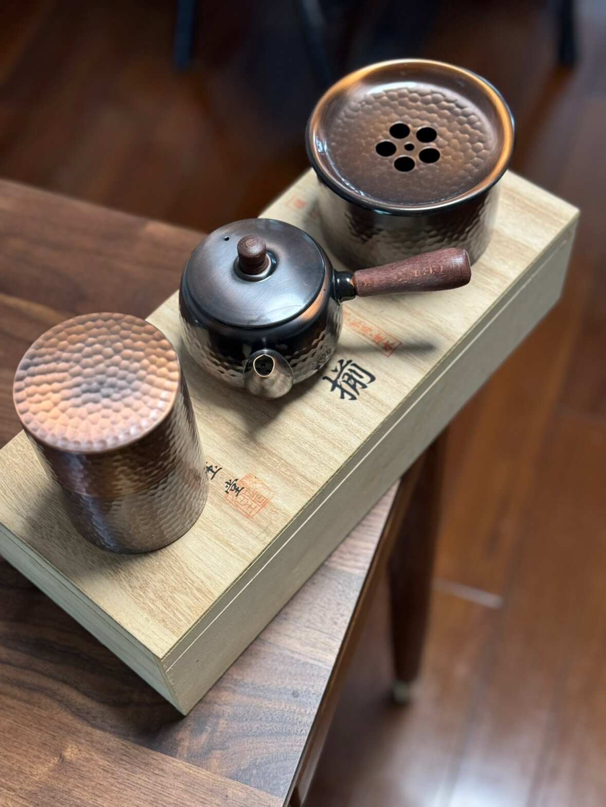 日产 翠玉堂 纯铜制 建水茶壶茶则茶叶罐 全套功夫茶具原木盒礼盒