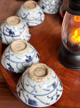 日产 中古 年代老青花 小斗笠 手工拉坯 柴烧主人茶杯 茶具古美术