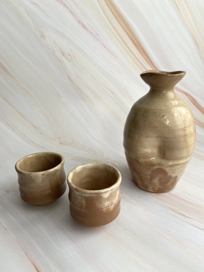 日本产萩烧一壶两杯会呼吸和生长的陶器纯手捏手作 酒壶杯茶壶杯