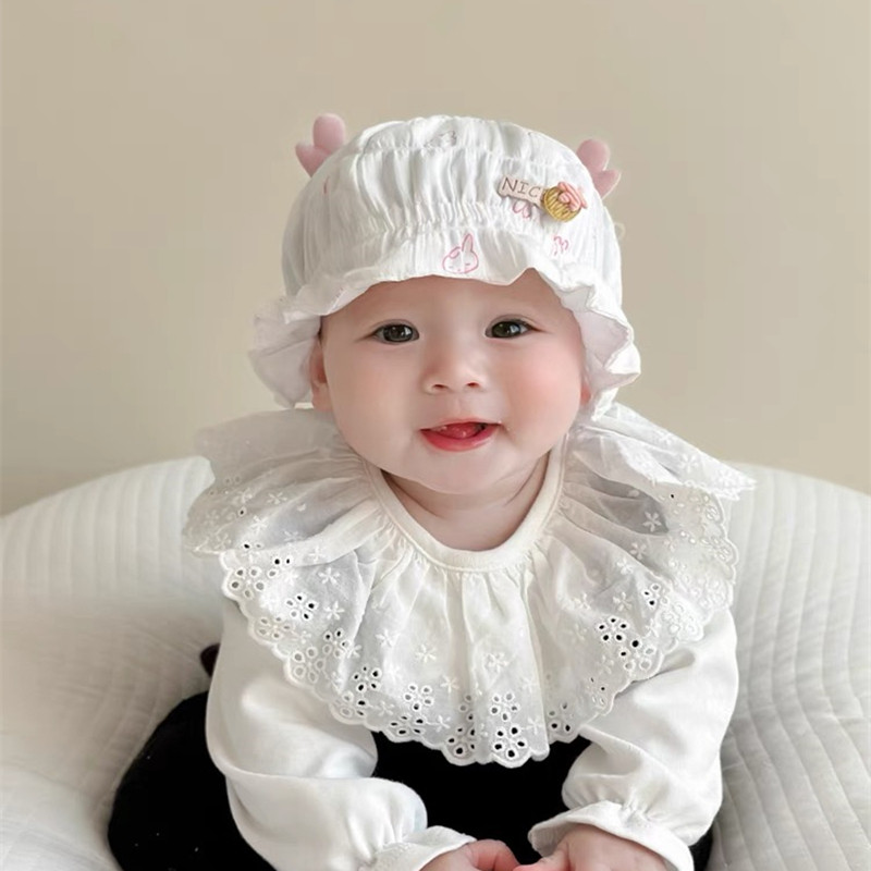 0-6个月春季新款纱布婴儿帽印花小兔宝宝渔夫帽萌可爱遮阳防晒帽