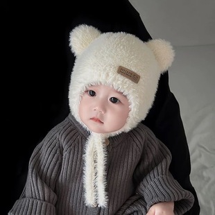 宝宝帽子秋冬可爱保暖护耳帽婴儿冬季简约风毛绒包头帽防风毛线帽