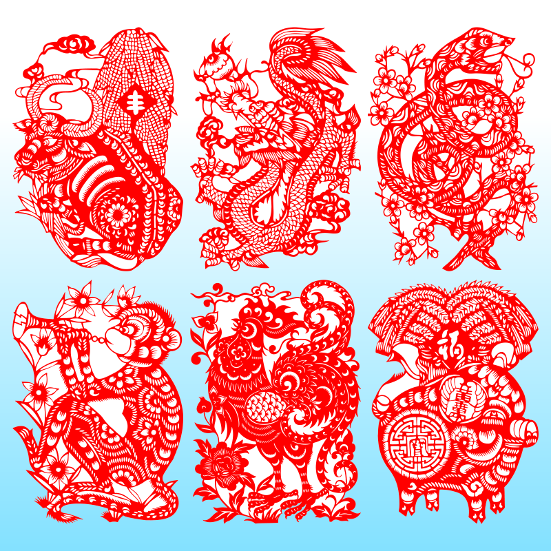 12十二生肖窗花剪纸贴鼠牛虎兔龙蛇马羊猴鸡狗猪年不干胶成品装饰