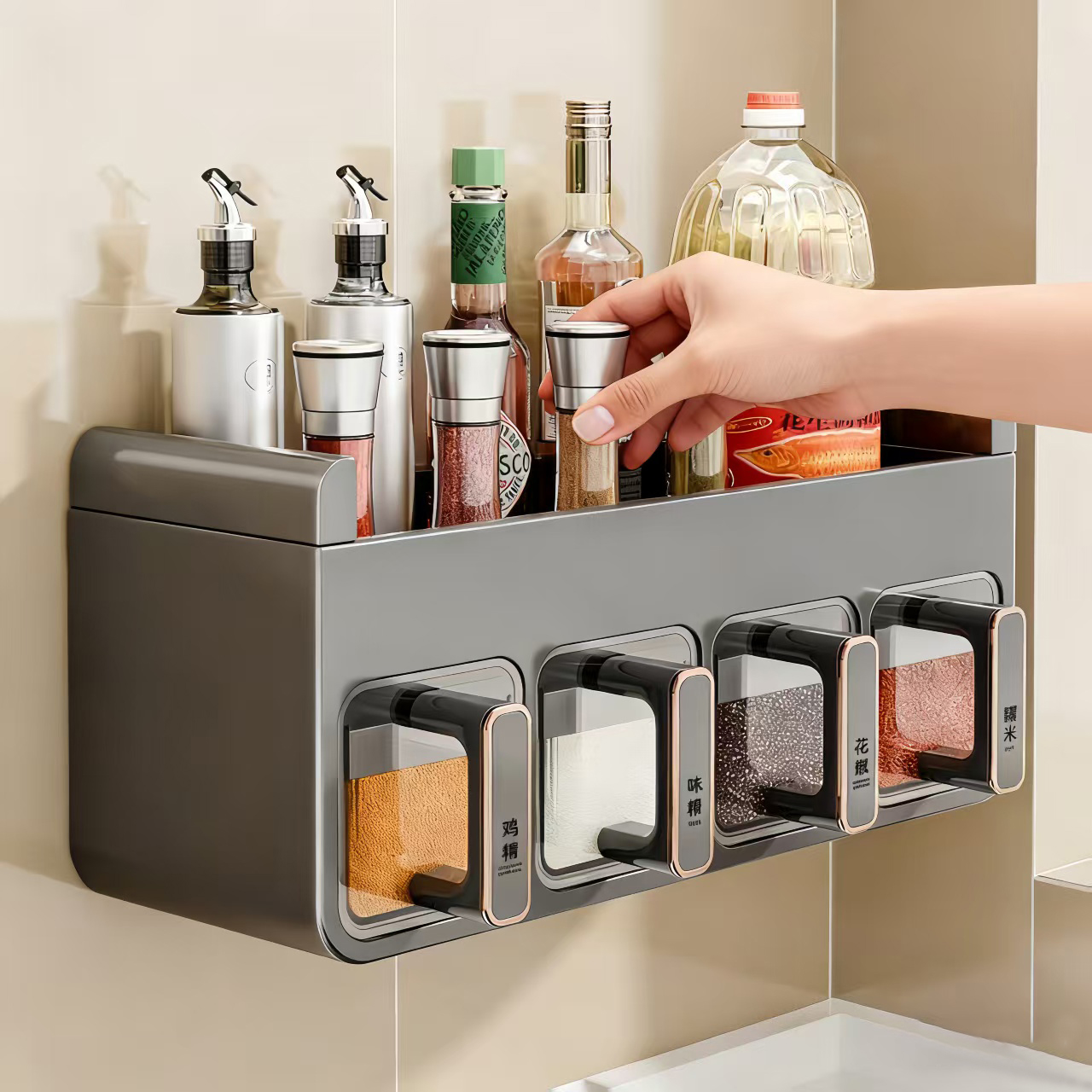 日本厨房调料置物架免打孔壁挂式调味品组合套装调料盒罐厨房家用