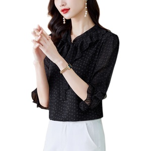RM20954#漂亮时尚的衬衫女雪纺衫印花飘带七分袖黑色气质甜美别致法式上衣
