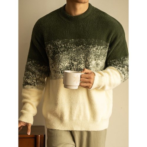 渐变色花纱圆领针织衫男士2025秋冬保暖宽松休闲毛衣 MY007