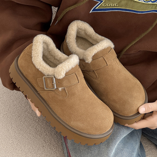 厚底大头勃肯鞋男全包反绒皮冬季加绒保暖轻便防滑一脚蹬增高棉鞋