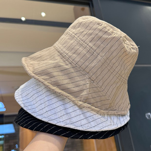 防晒遮脸盆帽 日系简约条纹渔夫帽女休闲舒适棉麻百搭水桶帽子夏季