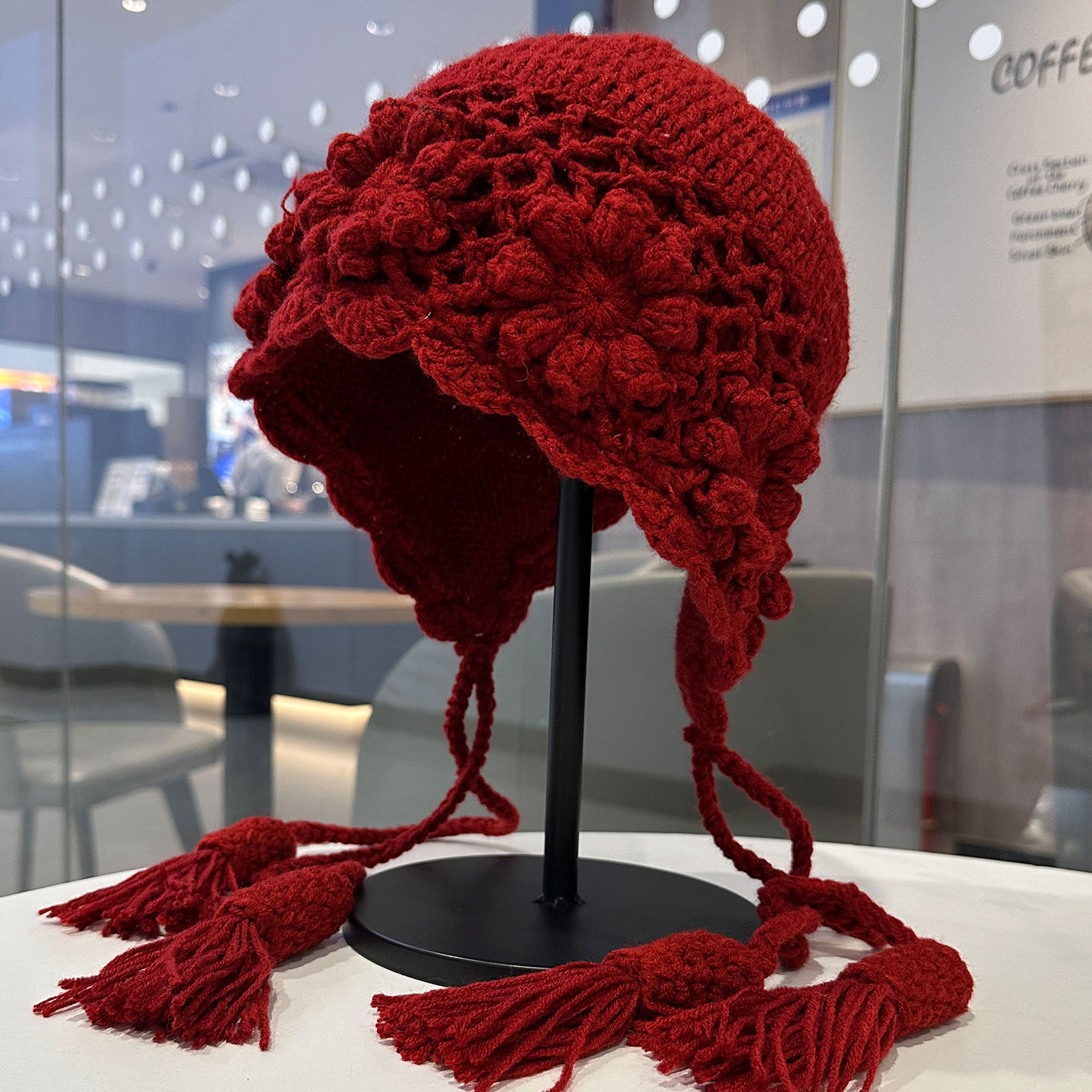 秋冬新款手工勾花针织流苏包头帽