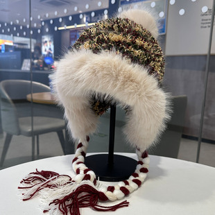 时尚条纹拼色毛球针织护耳帽子女秋冬加厚保暖毛绒帽显脸小雷锋帽