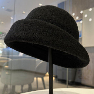 卷边羊毛混纺礼帽女秋冬季大头围纯色渔夫帽时尚优雅显脸小盆帽潮
