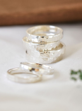 手工锤纹999足银情侣对戒简约