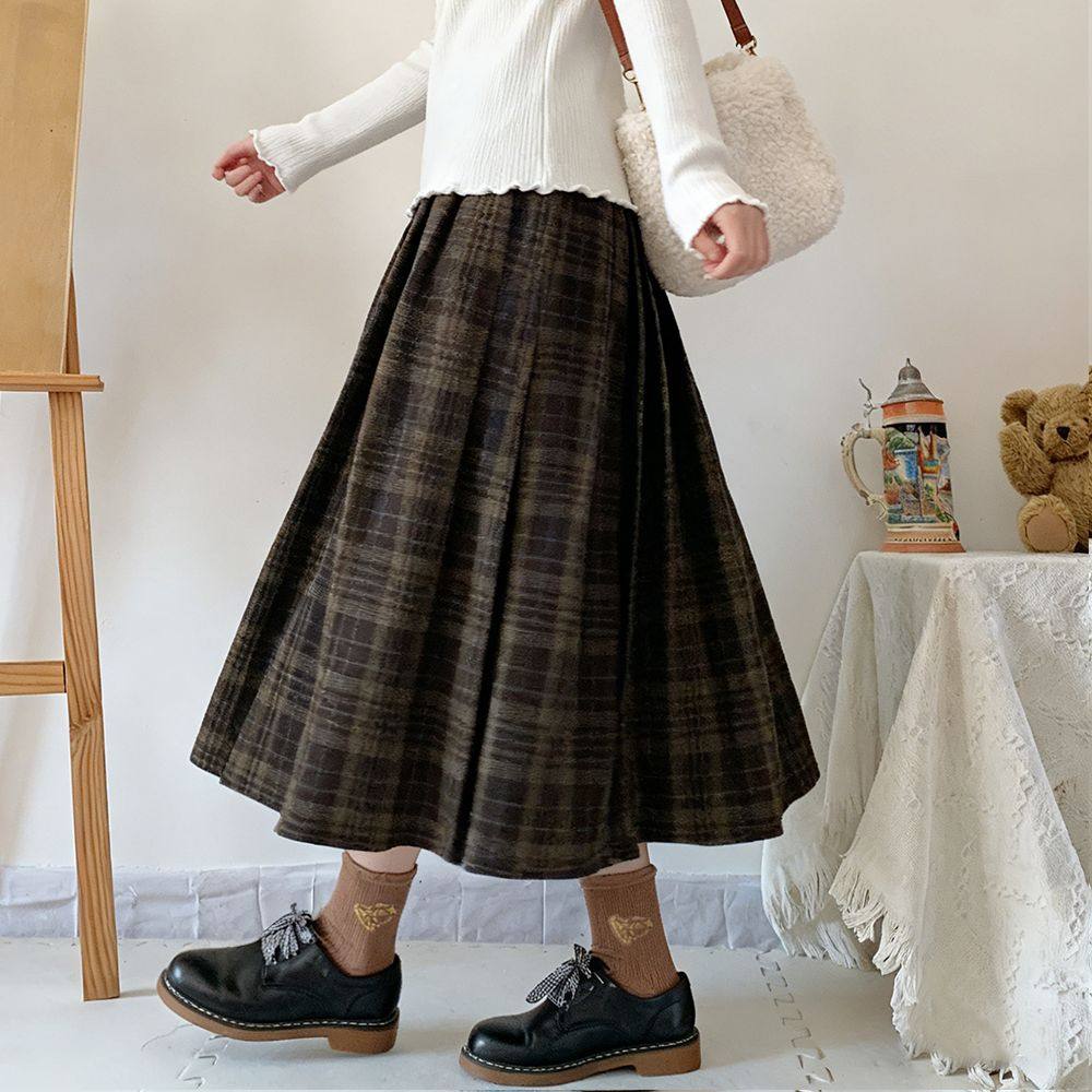 2026早春复古学院风棕青色格纹百褶毛呢裙女中长款A字裙高腰显瘦,女装/女士精品,半身裙,淘宝优惠券,粉丝福利购,淘宝优惠卷