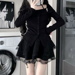 西洋果子甜欲妹设计感一字肩针织衫甜欲女修身小众高级感上衣黑色