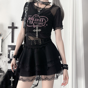 女百搭短袖 显瘦双层网纱衫 黑色亚文化Y2K 甜辣妹修身 西洋果子新款