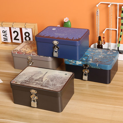 桌面收纳盒密码带锁学生整理化妆品储物盒长方形马口铁盒子小箱子