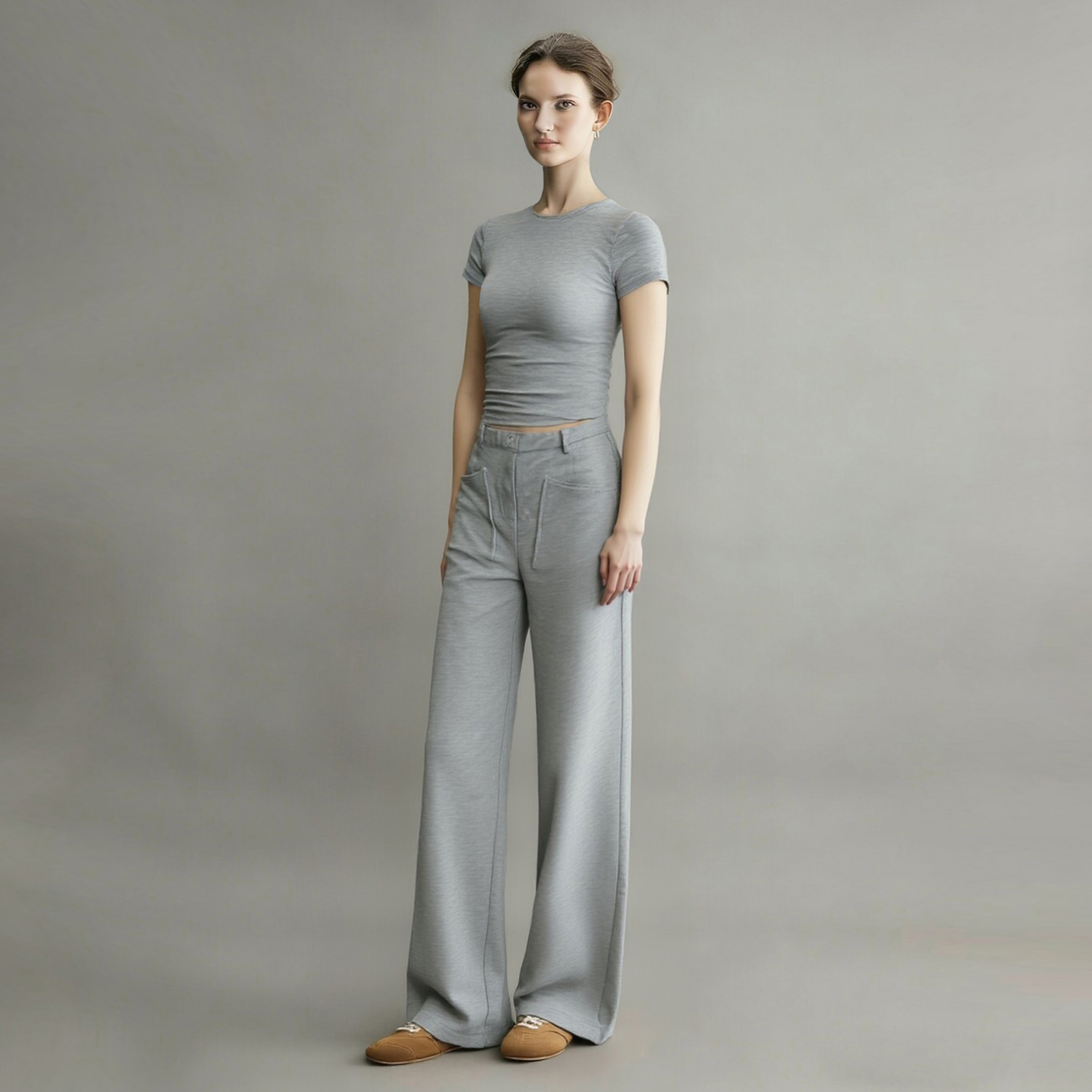 运动休闲套装女2026夏季新款绝美修身显瘦灰色圆领短袖T恤两件套