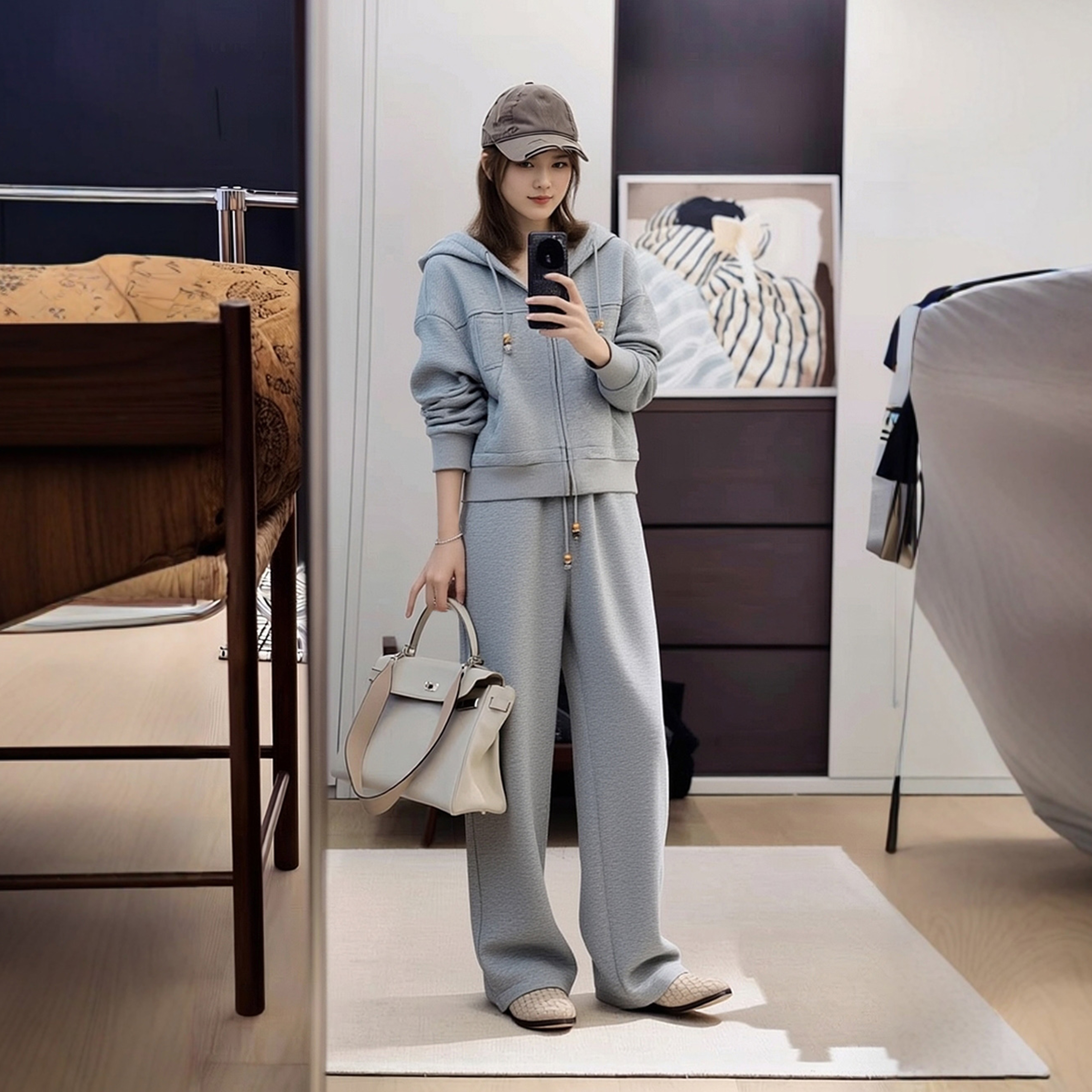 休闲风连帽加绒卫衣套装女