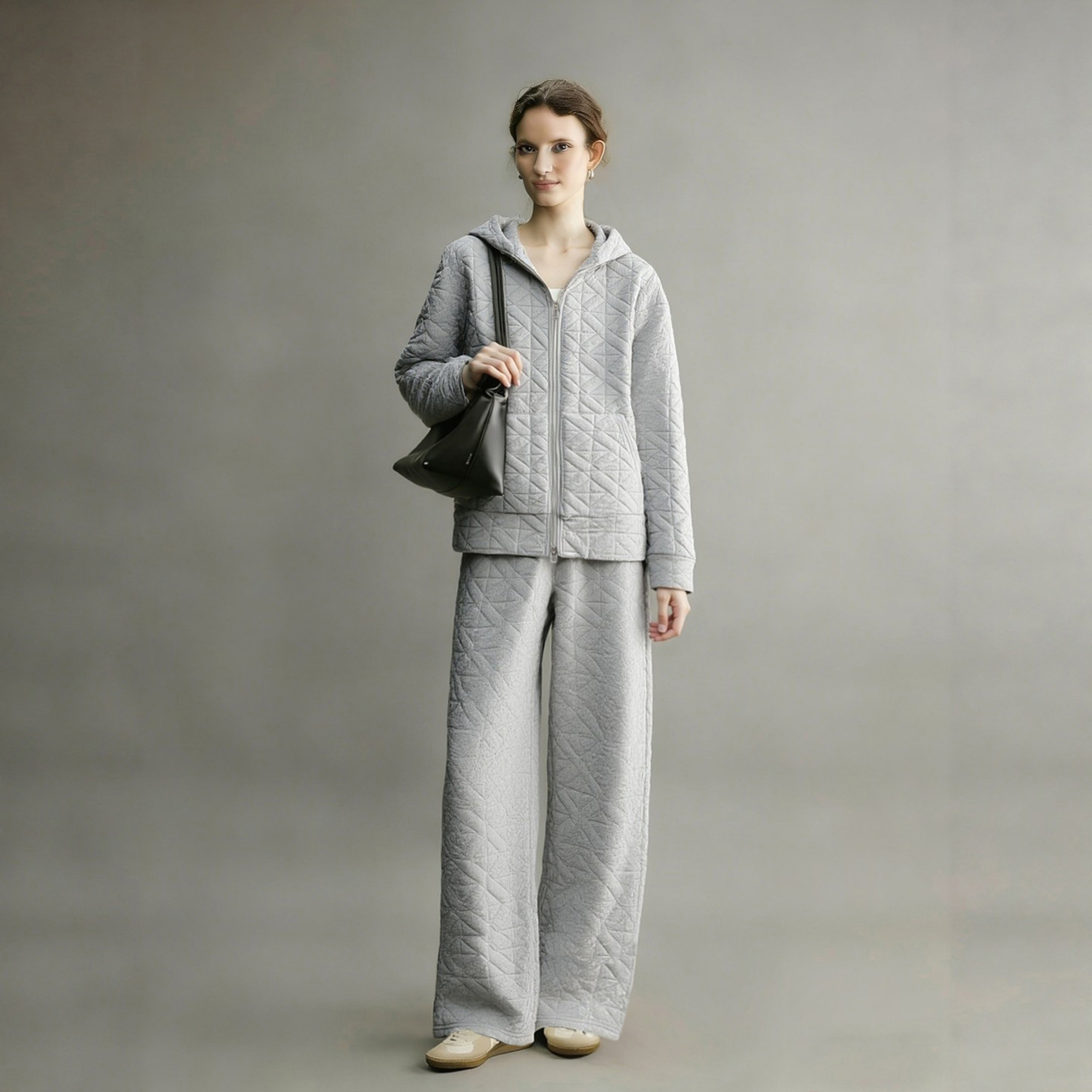 休闲运动套装女2025新款冬季慵懒松弛感灰色夹棉卫衣阔腿裤两件套