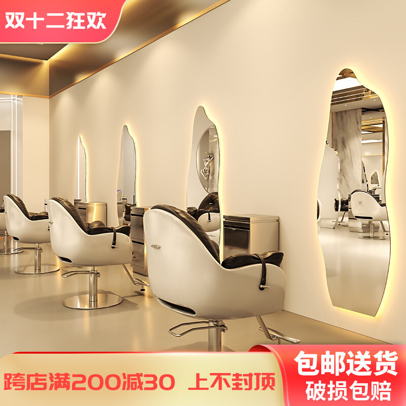 网红潮款理发店镜台美发店镜子发廊剪发专用带灯lSed挂墙单面简约