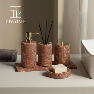 DecoTalk中古风天然红洞石卫浴洗漱套件侘寂风石材香薰托盘纸巾盒