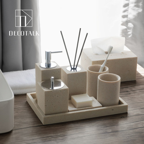 侘寂风砂岩黄洞石卫浴洗漱套装