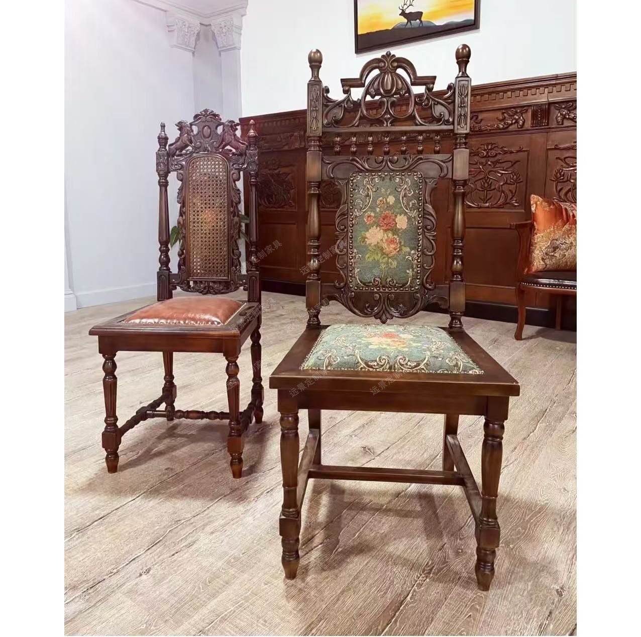 法式复古椅子餐厅咖啡厅餐椅接待餐椅书椅中古实木雕花布艺提花