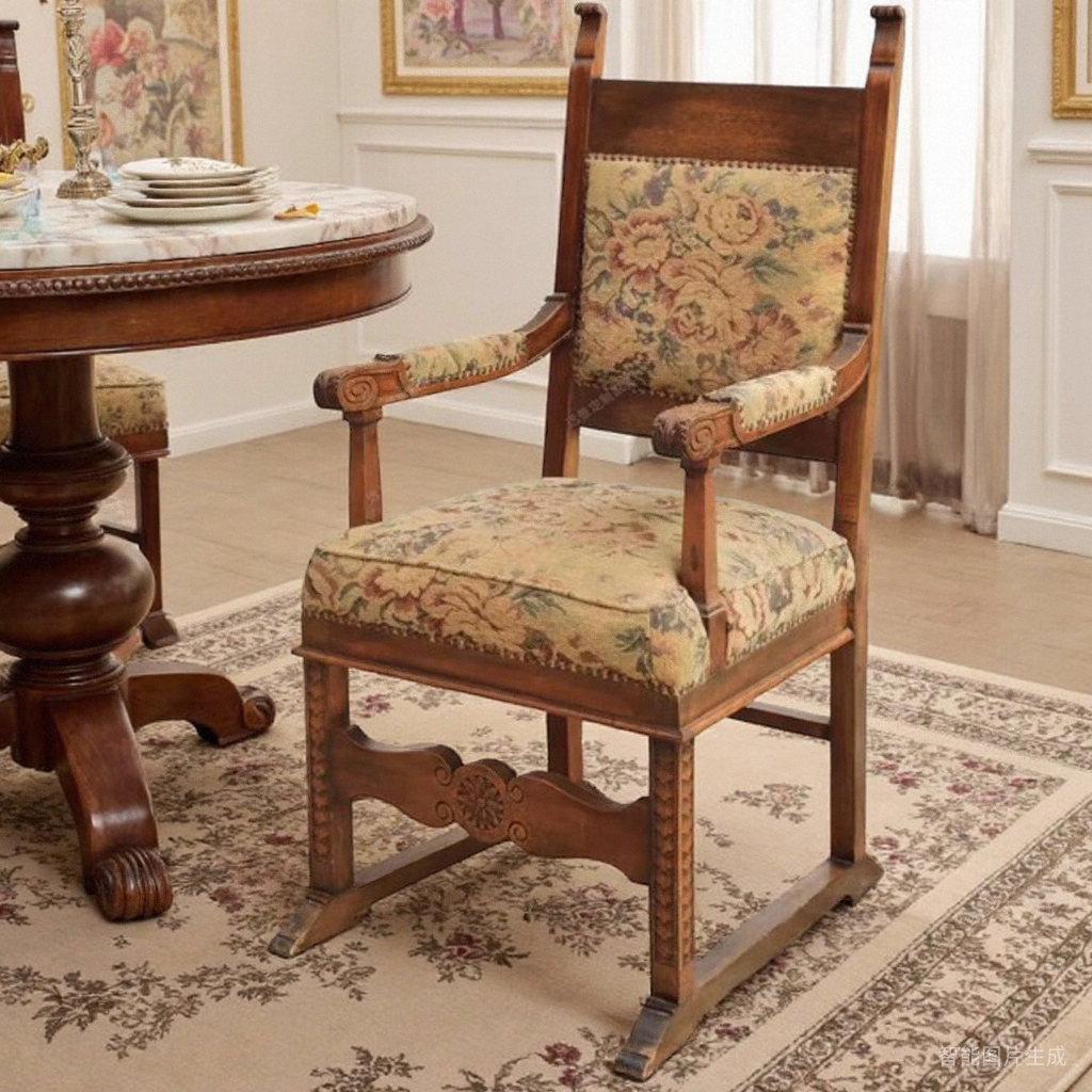 实木复古餐椅带扶手椅布艺软包法式中古风家具椅子书椅咖啡厅接待