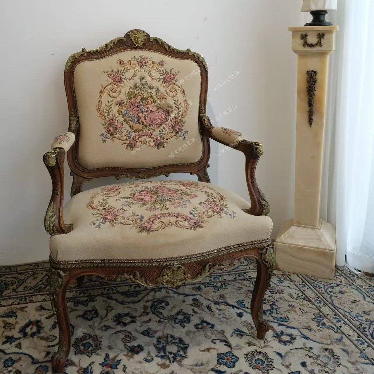 法式实木椅子餐椅复古雕花扶手椅书椅洛可可风格梳妆椅