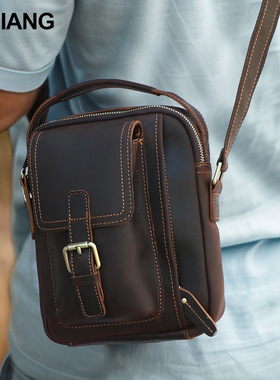DUJIANG疯马皮男士斜挎包复古时尚单肩包真皮男包户外休闲包包男