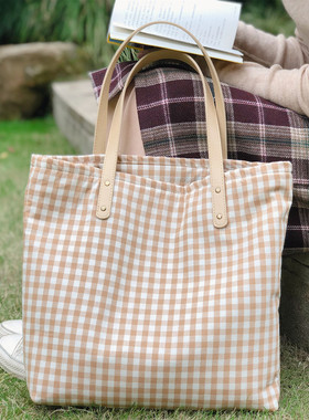 【归蝶手作】格子布包文艺日系学生单肩女包秋冬皮革手提加厚加大