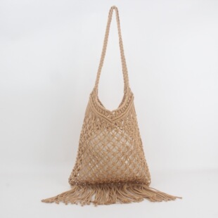 镂空手工编织包网格流苏单肩沙滩包潮女森系编织包 一件新款