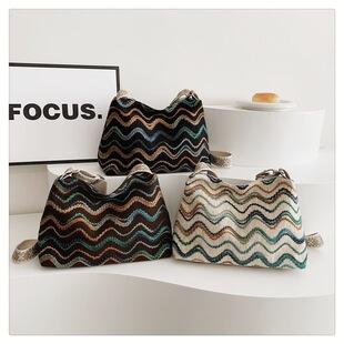 帆布条纹撞色大包包女2024春季新款休闲包大容量宽肩带单肩水桶包