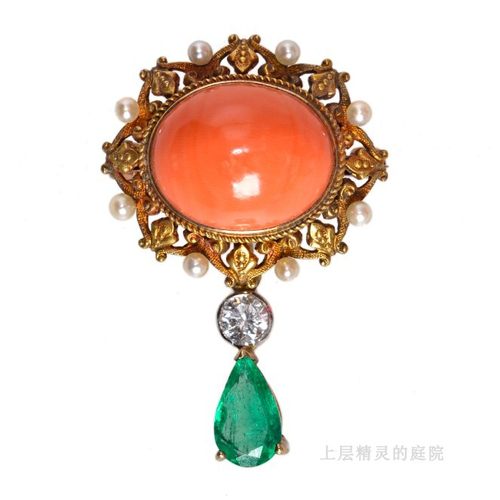 SOLD 古董首饰臻藏∮维多利亚野珍珠Coral祖母绿钻石纯金古董胸针