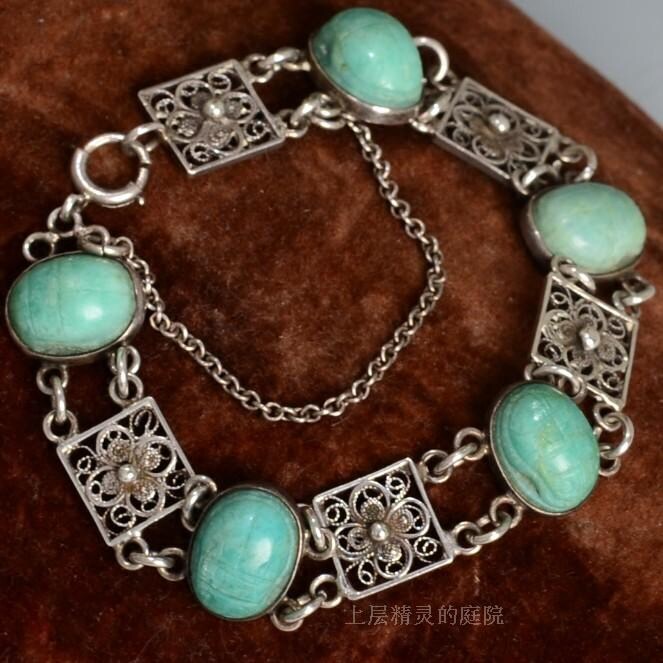 SOLD 庭院西洋VTG首饰 925银花丝天然绿石雕刻圣甲虫手链∮安全链