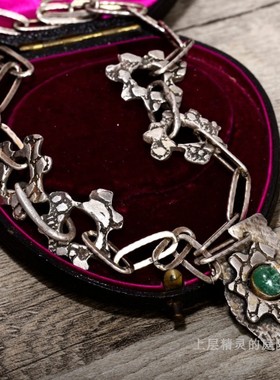 西洋VTG珠宝首饰 野兽派欧美野性手工天然2克拉绿宝石原矿银项链