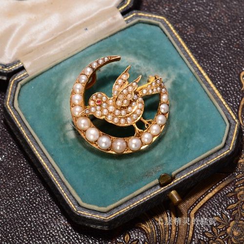 SOLD 19世纪纯金新月小鸟珍珠Victorian古董胸针15K金吊坠可拆卸