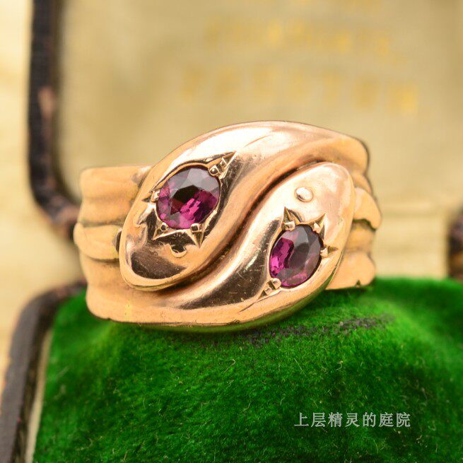 SOLD 上层精灵的庭院 维多利亚时代老金灵蛇指环 宝石古董金戒指