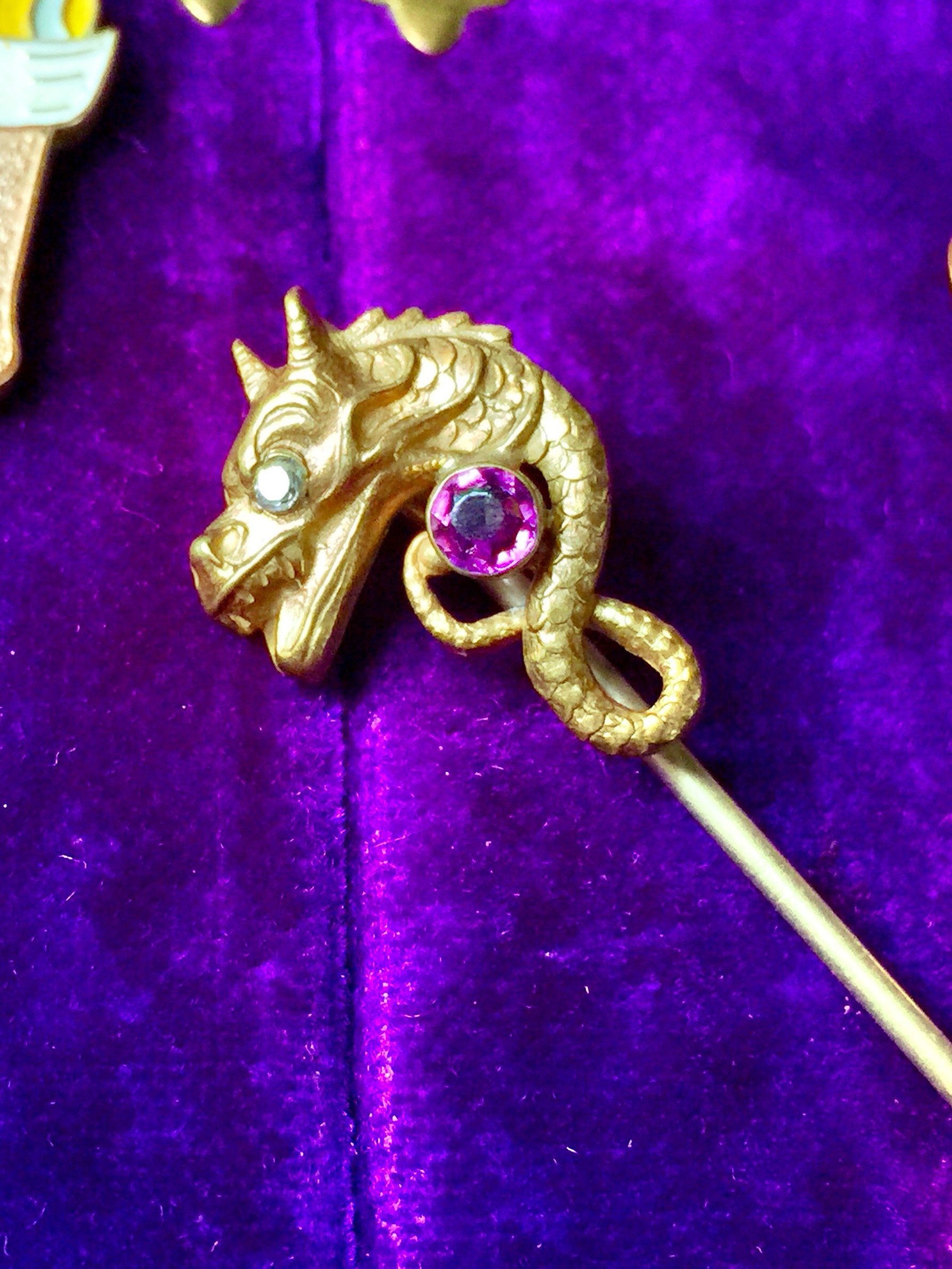 维多利亚时代古董纯金小龙帽针 stickpin老金别针DIY吊坠戒指耳钉