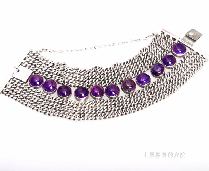上层精灵的庭院 STERLING重工收藏级纯银紫晶宝石复古董手镯142克