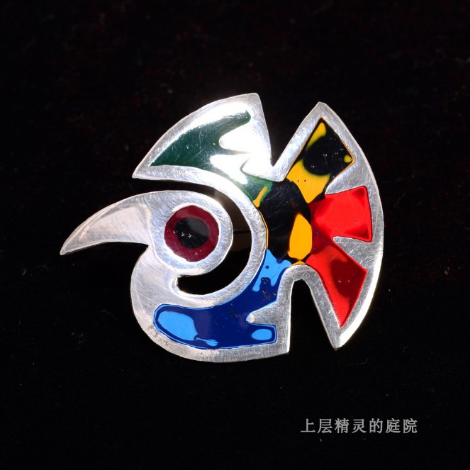 SOLD 欧美古董首饰 US纯银太阳神鸟珐琅孤品老银胸针VTG收藏孤品