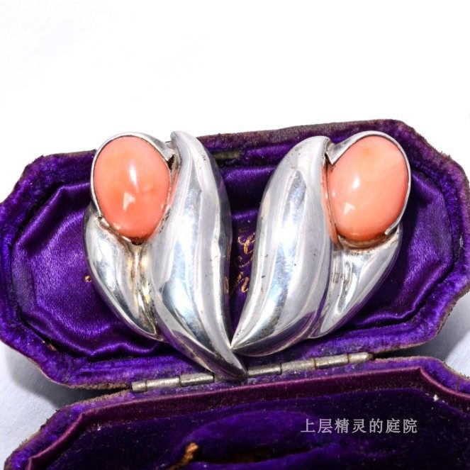 上层精灵的庭院 法国复古首饰TURE孤品糖果色粉石纯银耳夹老包浆
