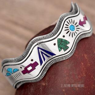 上层精灵的庭院∮纳瓦霍Navajo精美碎宝平镶部落图形纯银VTG手镯